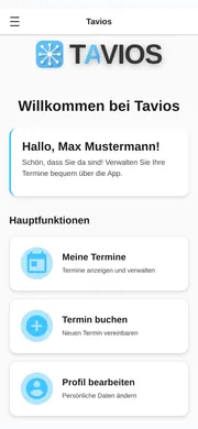 Tavios App: Dashboard mit Praxis-Übersicht und Schnellzugriff auf Termine